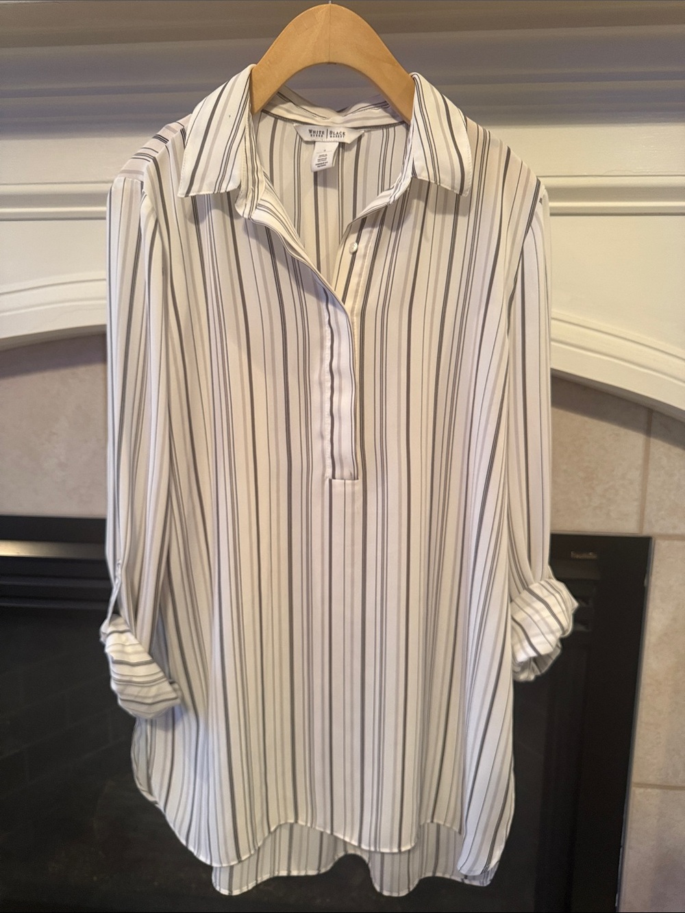 White House Black Market Cream and Gray Striped Blouse